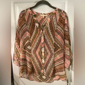 3/4 Length Sleeve Tribal Print Button Up Blouse- Medium